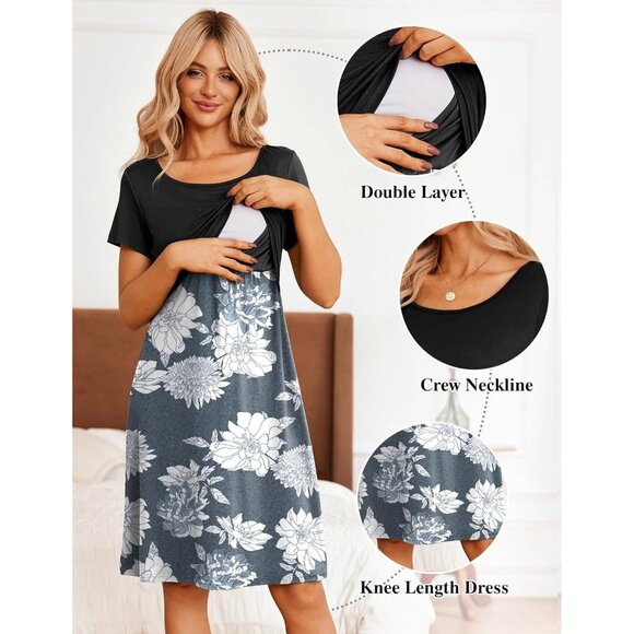 Women's Nursing & Maternity Dress – Short Sleeve, Patchwork, Knee Length Small‎ - Picture 1 of 5